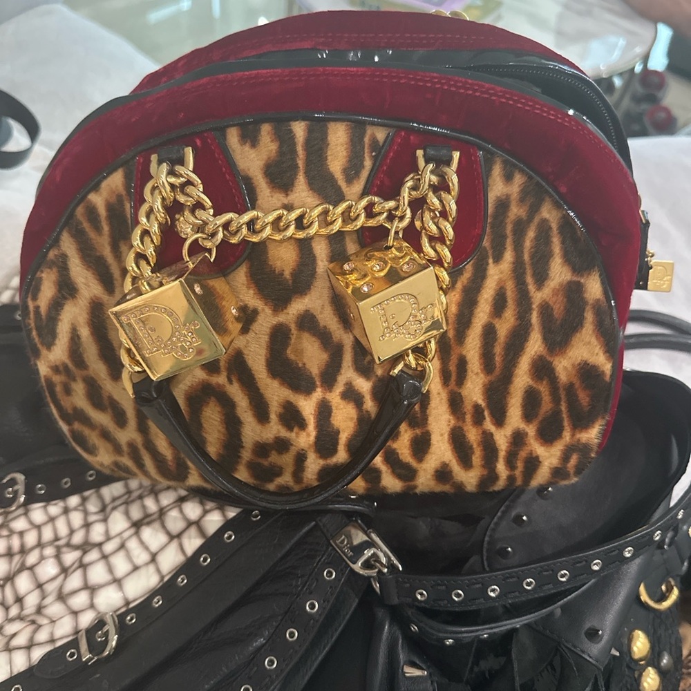 Dior Leopard Print Shoulder Bag with Red and Gold Accents